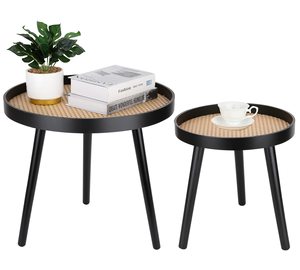 橡木藤编现代庭院黑色小圆边茶几客厅卧室办公室阳台 - Product Image 2