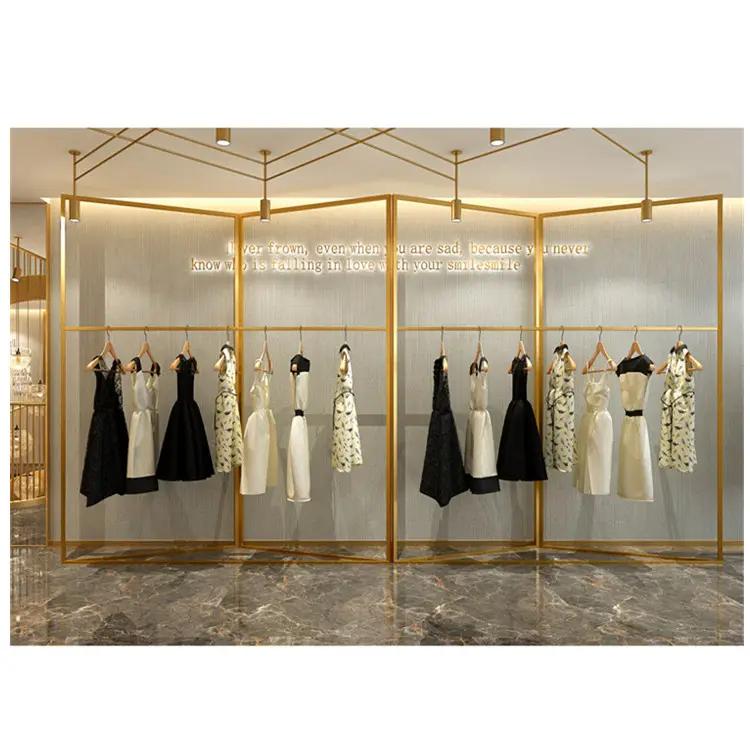 Balcão de metal design de loja de roupas de ouro, exibição de roupas para loja de roupas