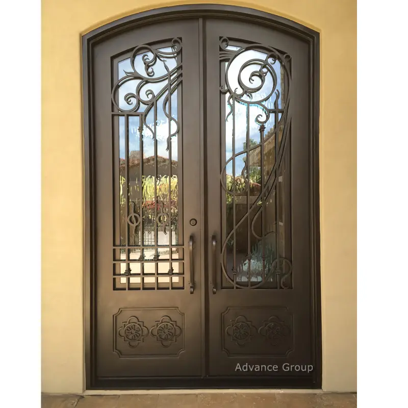 Puerta exterior moderna de hierro, puerta abatible moderna de Metal forjado rústico, modelo 3D, puerta abatible de cristal de hierro de acero francés