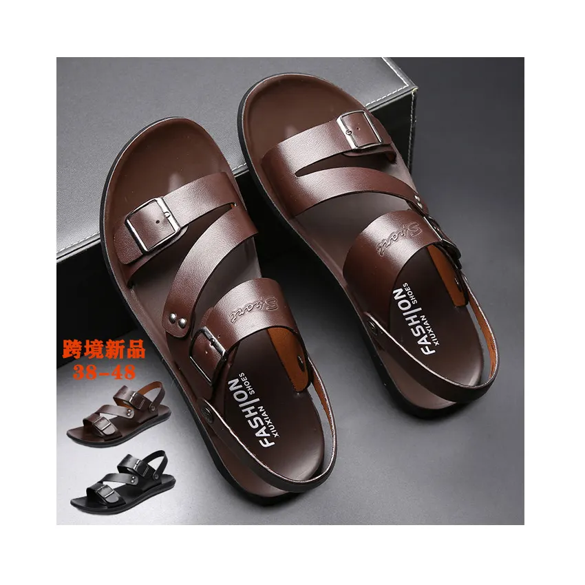 Sandalias de cuero para hombre, zapatos informales cómodos de Punta abierta, para la playa, para verano, color negro y marrón, talla 38 a 48