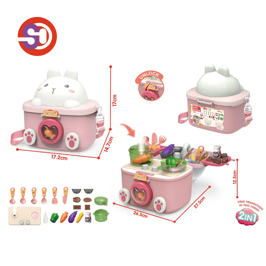 2 In 1 Rabbit Suitcase Kitchen Set Toy Pretend Role Play Kids Kitchen Cooking Food Toy