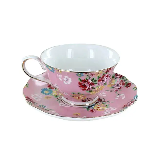 Özel seramik pembe çiçek kahve fincanı toptan çay bardağı seti