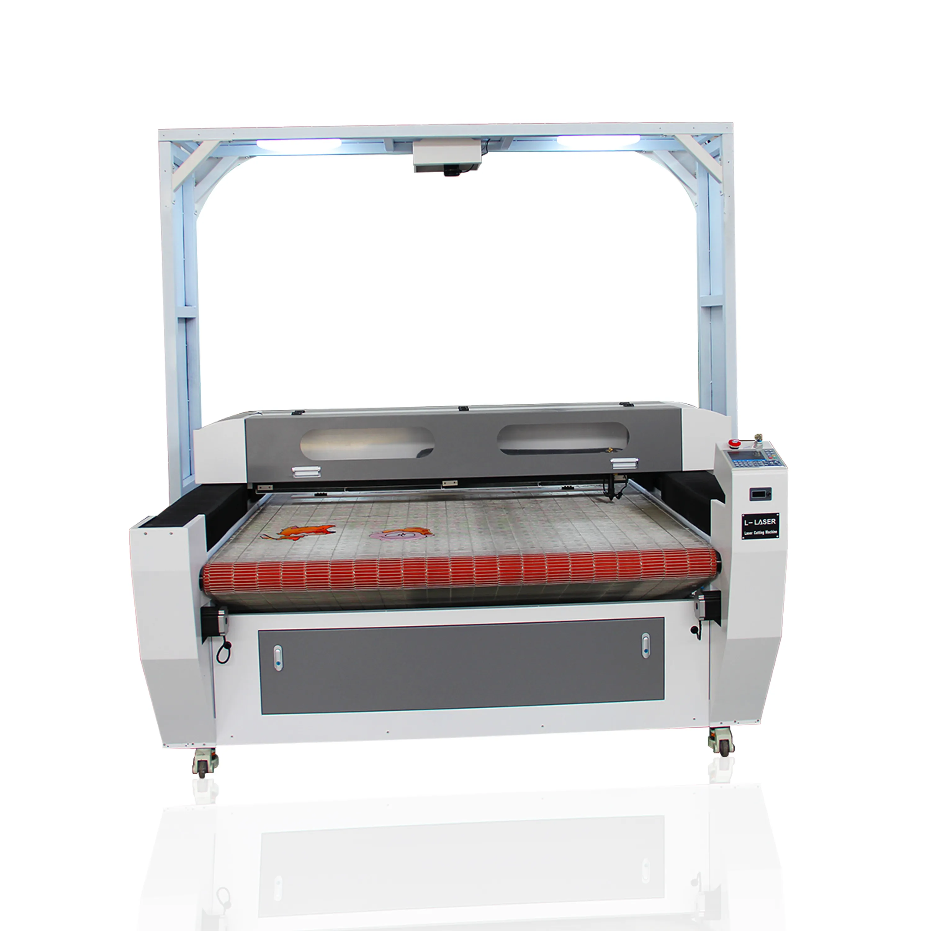 Automatic fabric strip cutting machine with CCD, double head fabric pattern cutting machine/ cnc co2 laser cutting machine