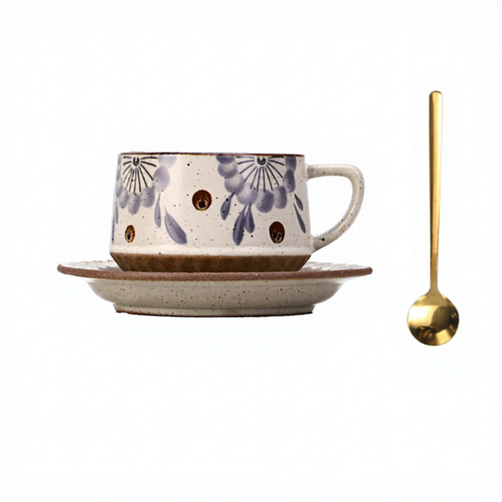 Juego de taza de café con forma de flor, plato y cuchara - limón - 300ml
