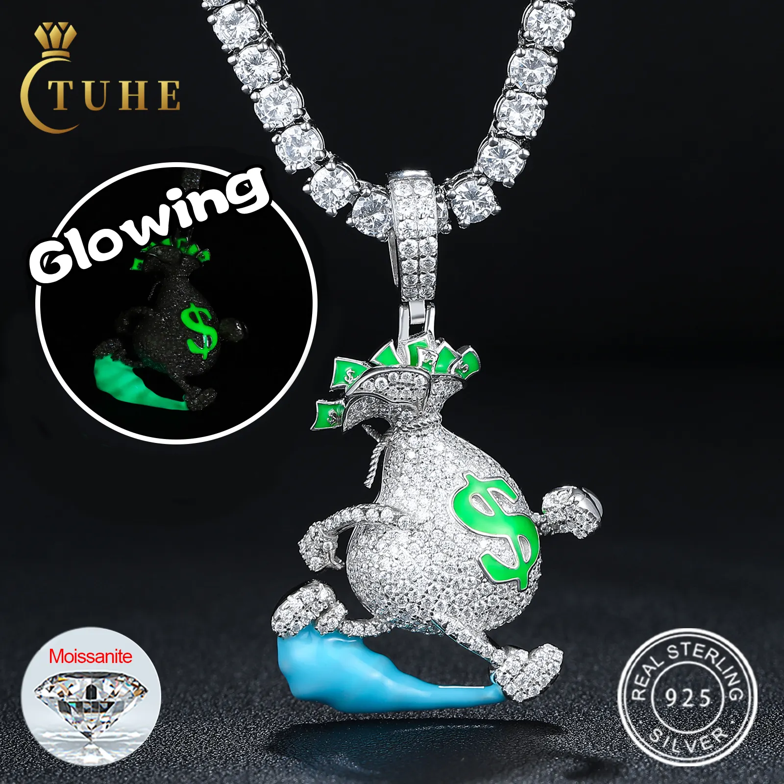 Glow In The Dark Bling Dollar Geldsack Anhänger Halskette 925 Silber Labor Moissan ite Diamond Iced Out Hip Hop Schmuck