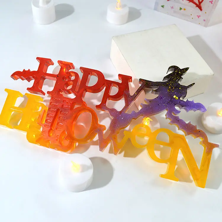 Molde de Adorno Divertido de Halloween, Letrero de Luz con Letras de Silicona, Decoración del Hogar, Conjunto de Arte, Fabricación de Moldes de Iluminación de Resina de Cristal de Bruja