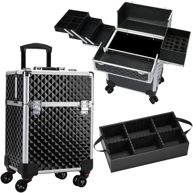 Large Capacity Rolling Makeup Storage Cosmetic Trolley 4 Tray with Key Swivel Wheels Salon Barber Case cosmetic travel bag