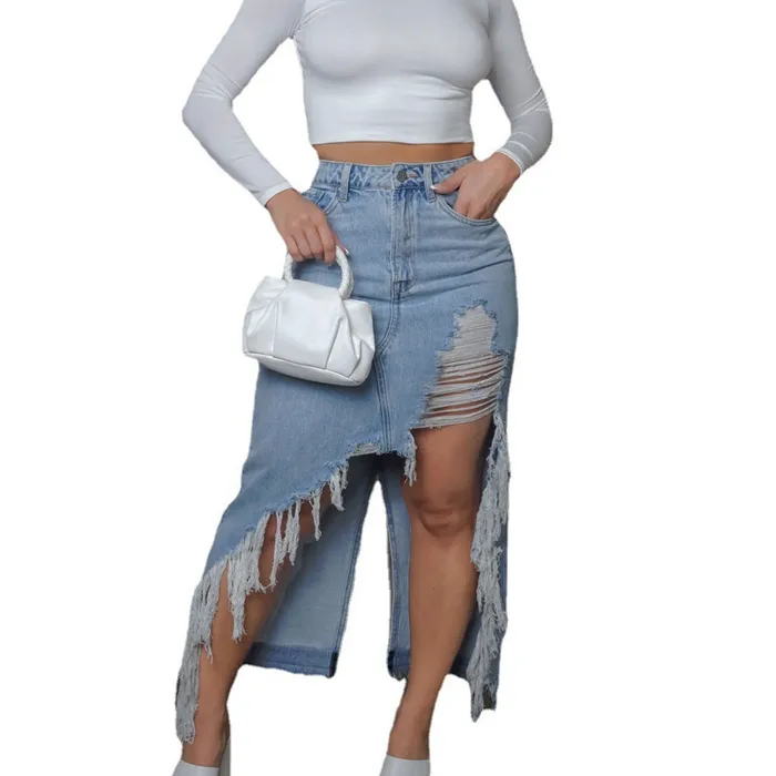 Rue nouvelle mode grande taille femmes jupe en jean poche lavée fente gland poche asymétrique jupe