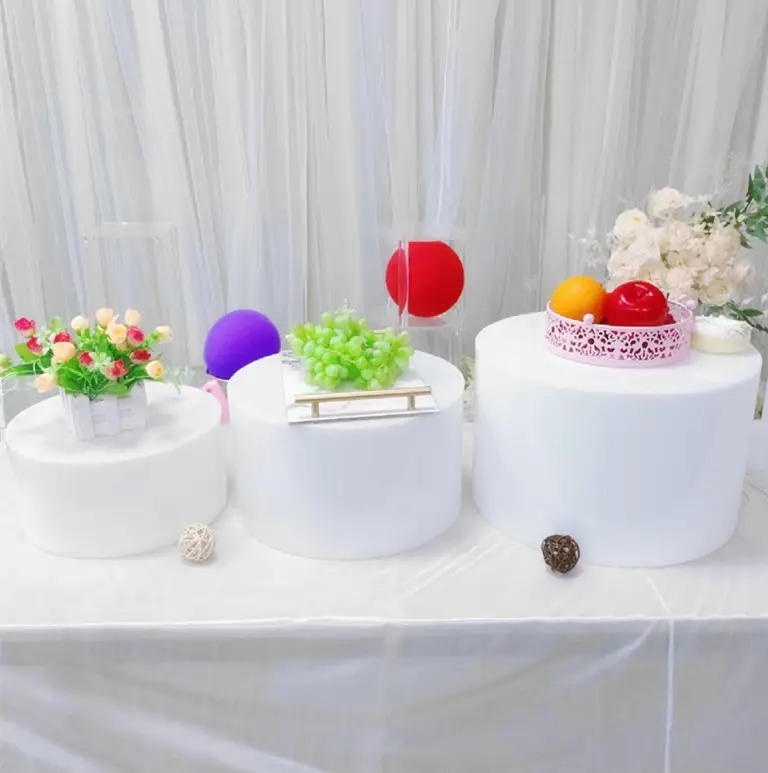 Modelo de cubos de soporte de pastel redondo blanco acrílico para uso doméstico elevadores de buffet de exhibición de alimentos para decoración de bodas