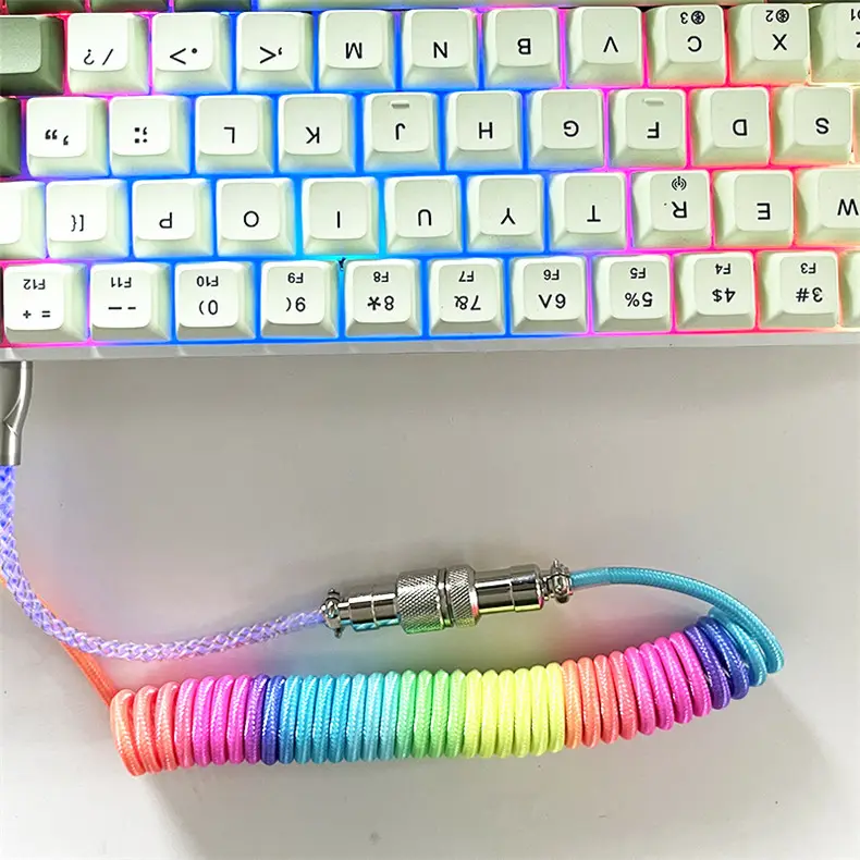 Conector de Aviador RGB tipo c, Cable USB de nailon trenzado, espiral rizada, Cable arcoíris para Teclado mecánico de juegos