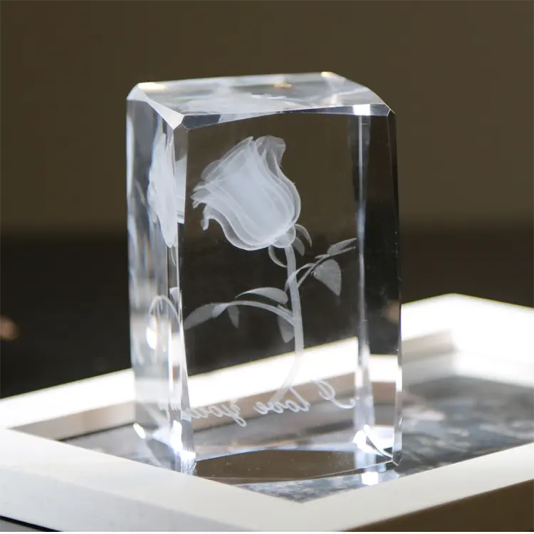 3D Laser Crystal Rose Cube Block With Led Light Base