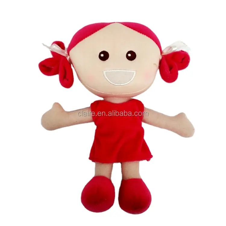 Muñeca de tela hecha a mano OEM, mascota de peluche personalizada, peluche rojo suave, cara grande, muñeca de trapo para bebé