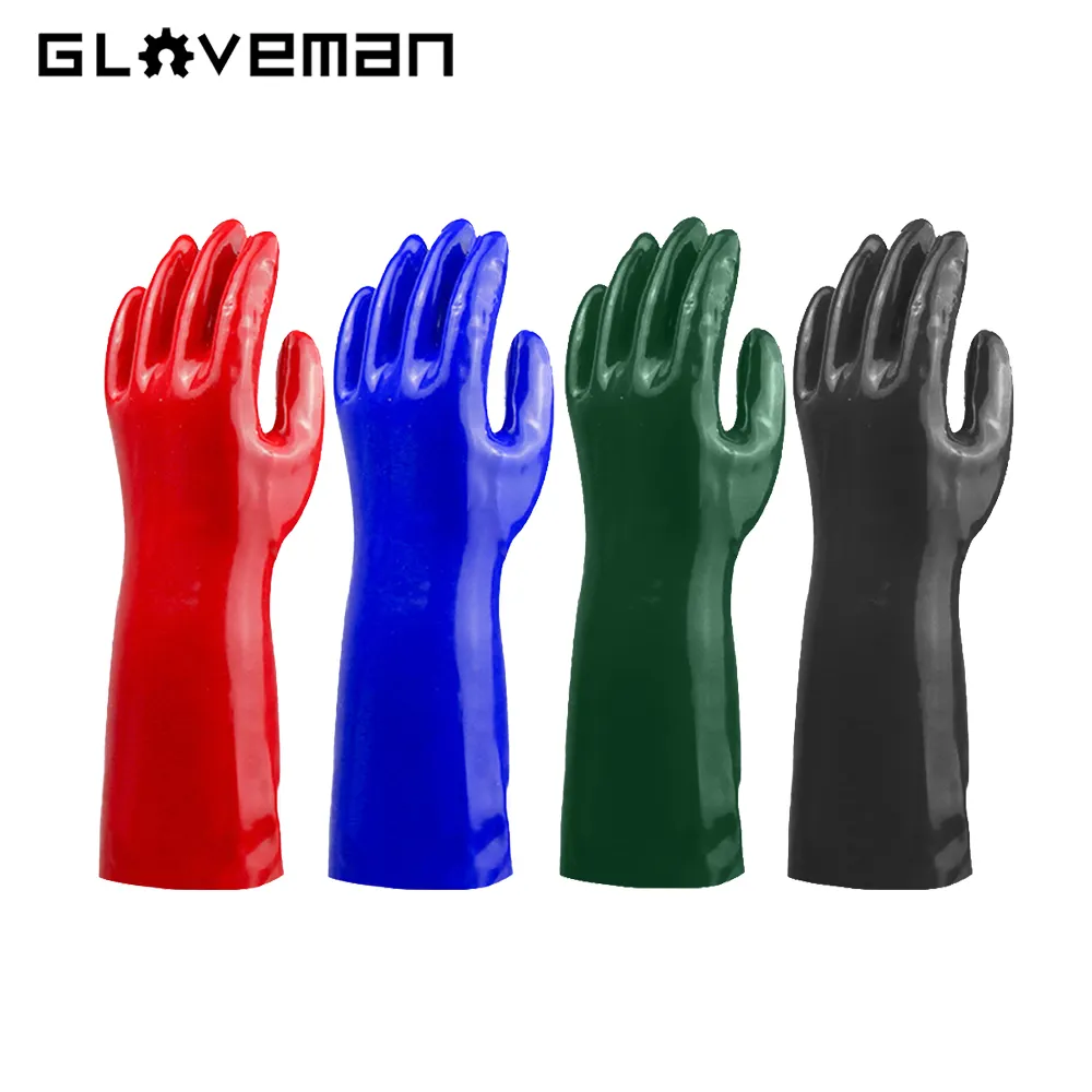 GLOVEMAN sarung tangan anti air, sarung tangan anti air, lapisan PVC merah lengan panjang, karet keselamatan kerja industri, anti Kimia, asam minyak, 35/40/45cm