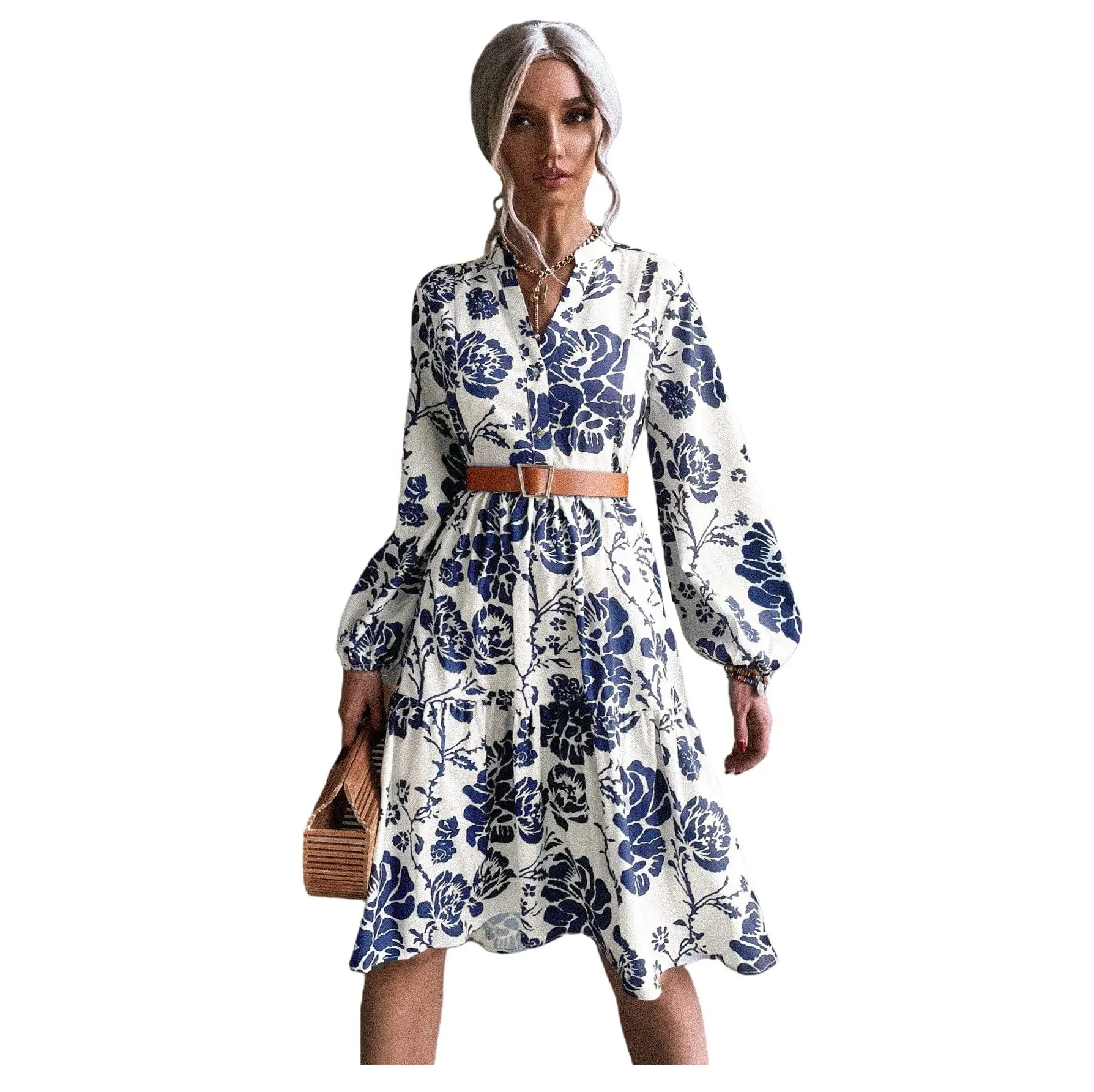 Vestidos de bainha com babado decote em V estilo francês feminino estampa floral mini romântico serviço OEM vestido de primavera império reunindo rayon