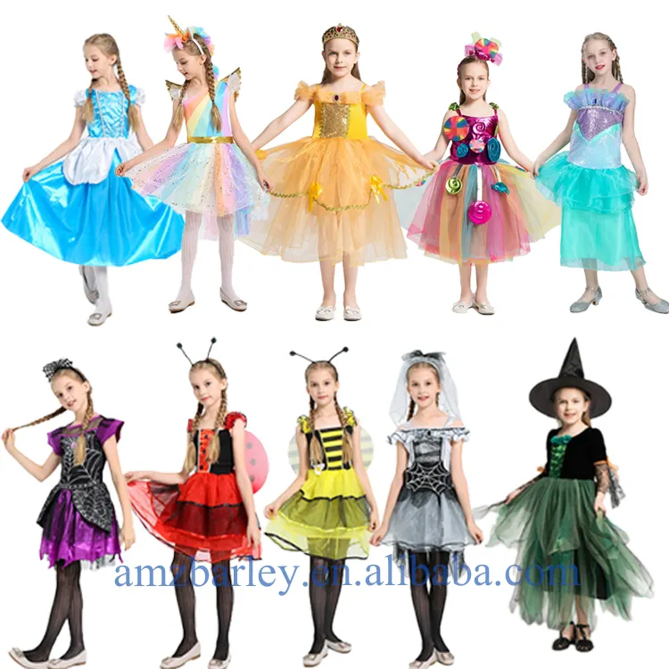 Fantasias para cosplay, vestidos para meninas, animação, bruxa, unicórnio, abelha, morcego, elsa, princesa, sereia, fantasias
