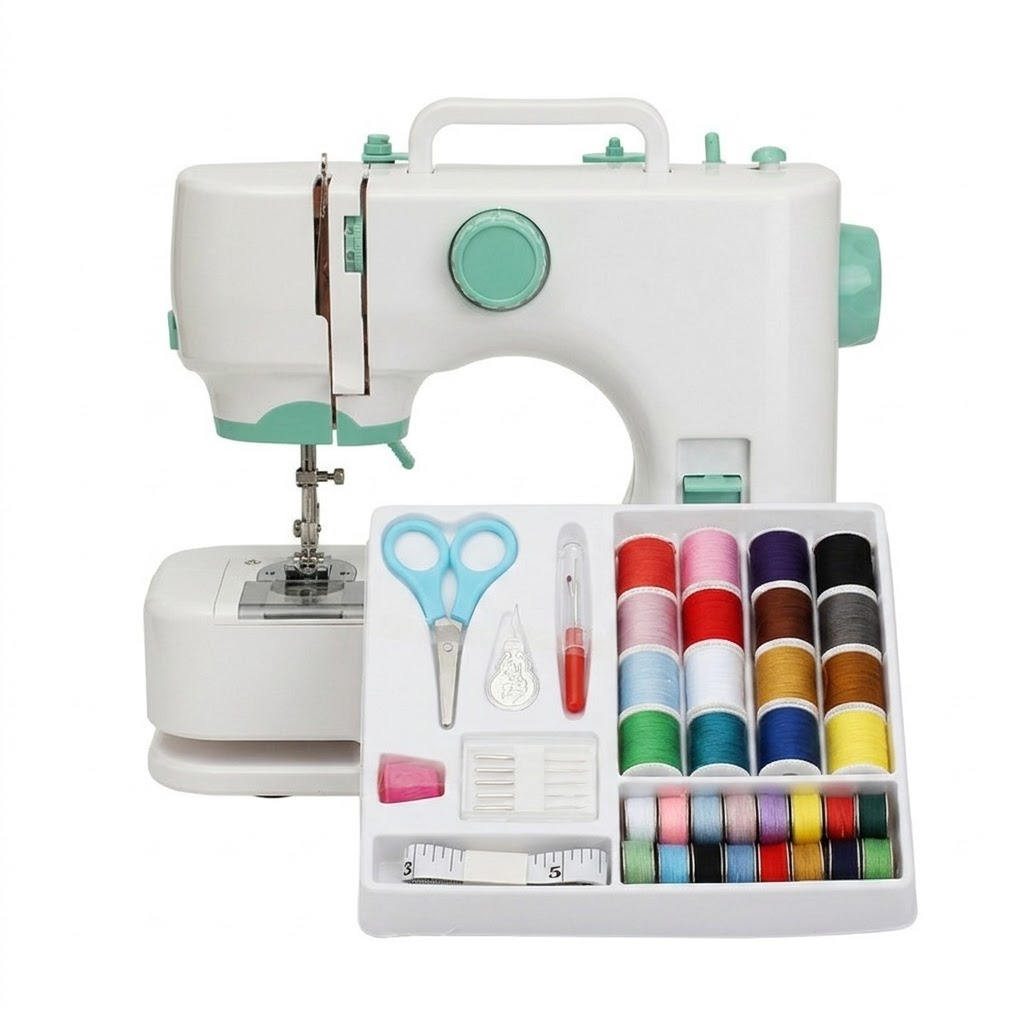mini macchina da cucire verde con kit da cucito