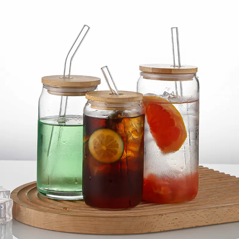 Taza de jugo de agua para beber de vidrio transparente de 16oz 20oz de alta calidad con tapa de pajita y bambú