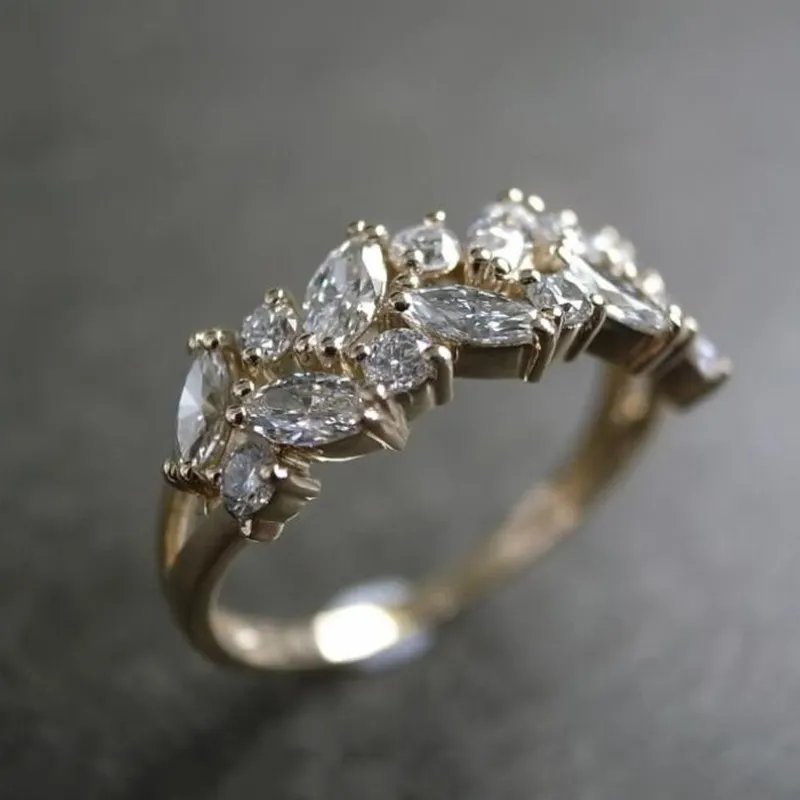 925 Sterling Silver Gold Plated Marquise Wedding Band Ring With Clear CZ Stone