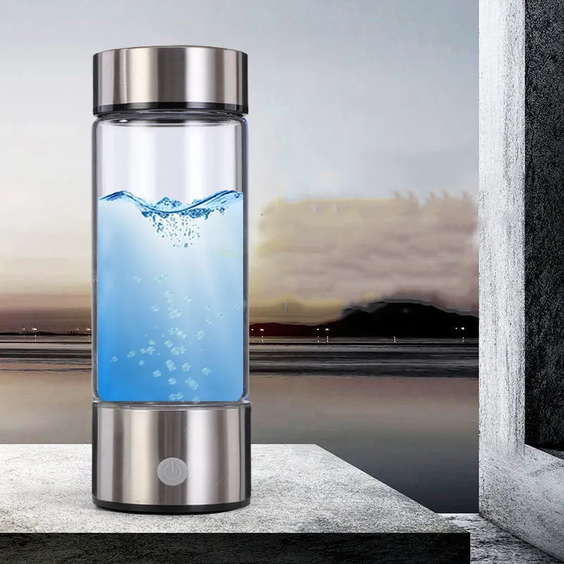 Biểu tượng tùy chỉnh 450ml USB thủy tinh có thể sạc lại Alkaline Hydrogen chai nước xách tay