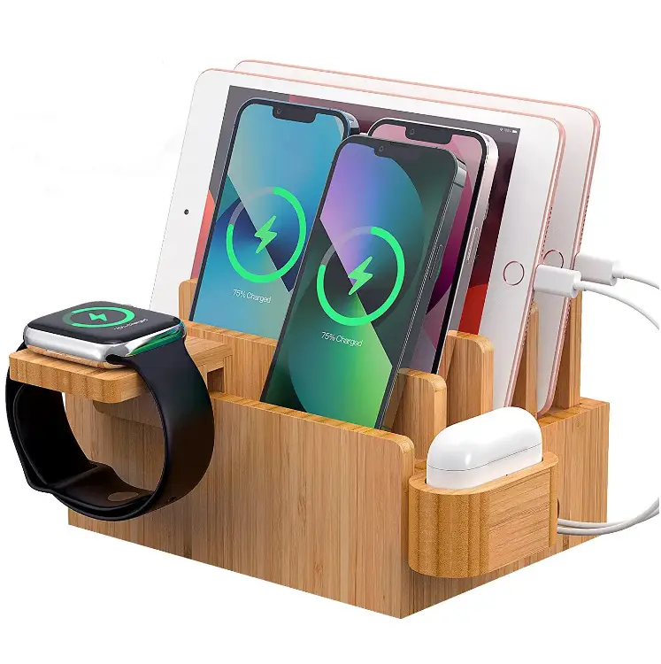 Fashion Creative Design Watch Stand Holder Multifunction Bamboo Wood Phone Docking Station Cell Phone Stands