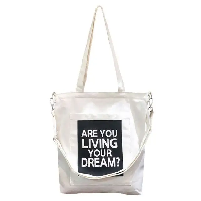 Travel BLANK สีดำสีขาว Tote Bag ผ้าใบผ้าฝ้ายอินทรีย์