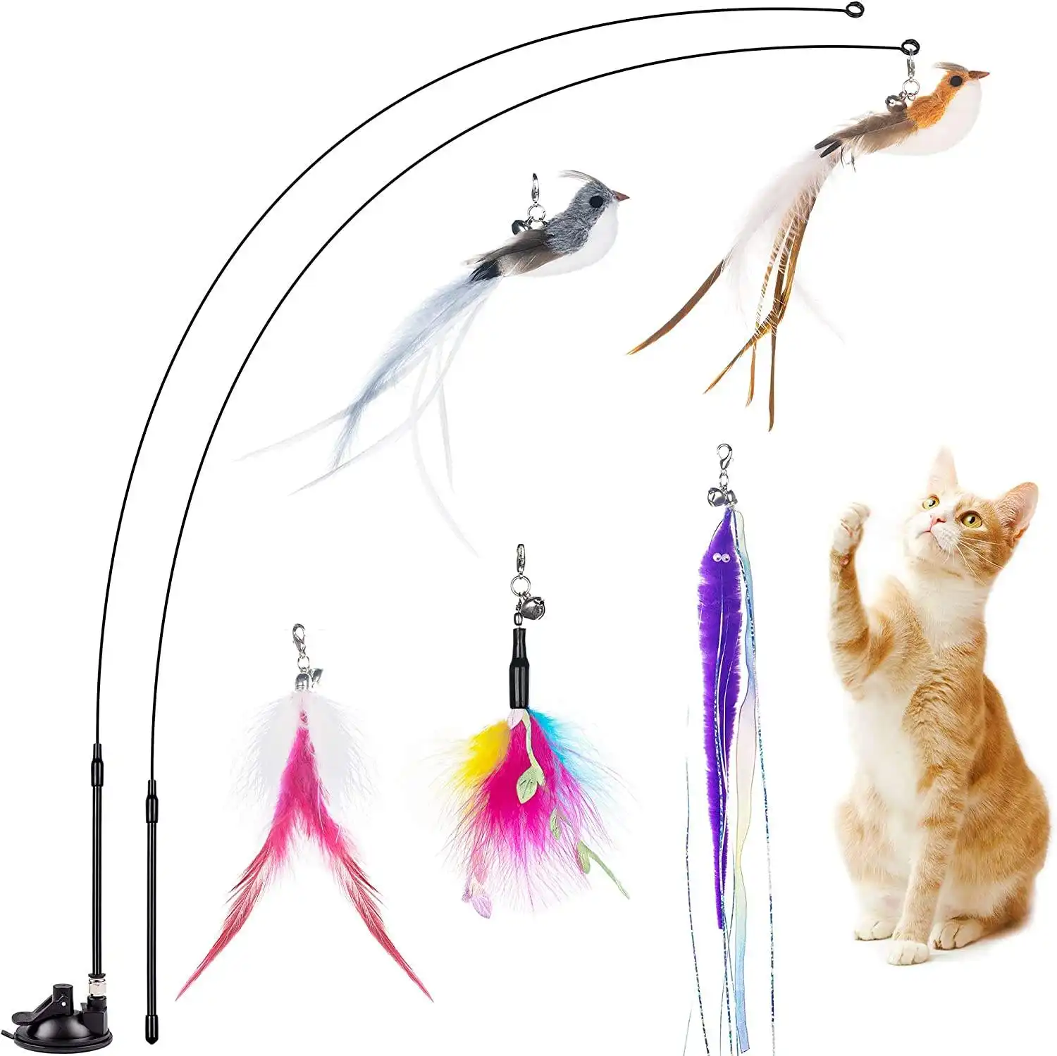 공장 Oem 변경 가능한 흡입 컵 고양이 장난감 시뮬레이션 새 회전 깃털 스틱 고양이 액세서리