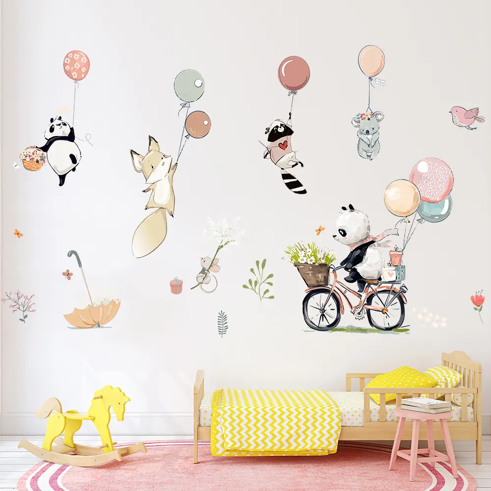 Cartone animato Panda bicicletta palloncino adesivi murali camera da letto soggiorno decorazione carta da parati autoadesiva