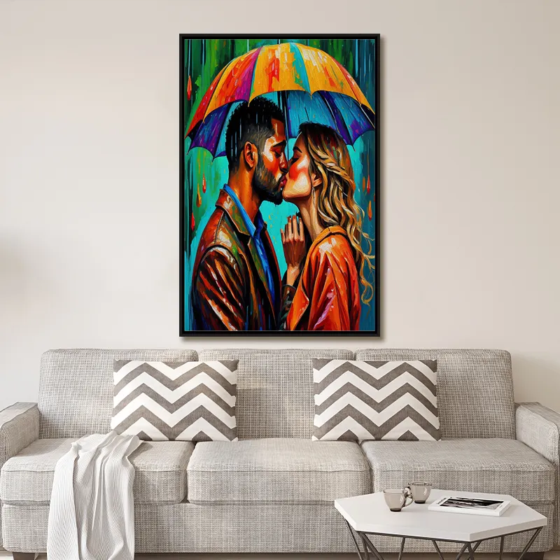 Oil Painting Kissing In The Rain Under Umbrella Romantic Style Canvas Art for Home Decoration