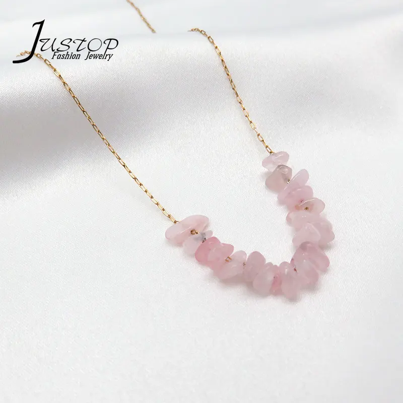 Cadena fina de acero inoxidable de 18K, collar de piedra rota de cuarzo rosa, piedra Irregular