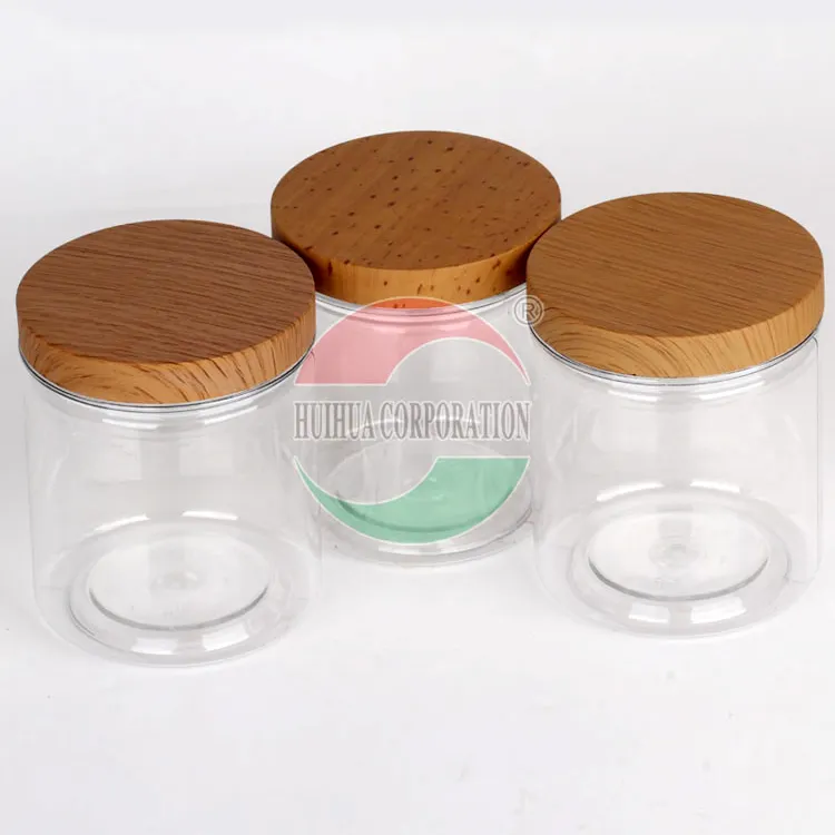 Barattolo di miele di marmellata di caramelle in plastica per uso alimentare con coperchio in legno a vite