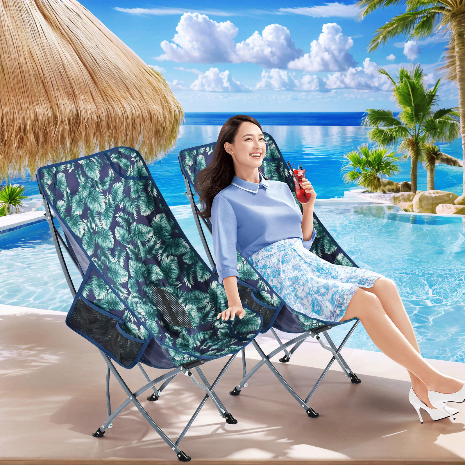 เก้าอี้พระจันทร์พนักพิงสูงลายใบไม้