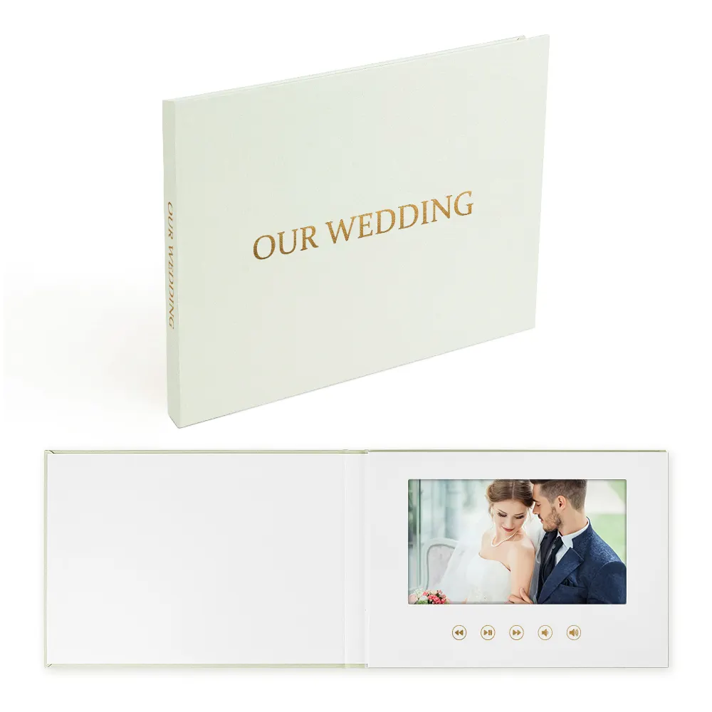 NUESTRA BODA HOJA DE ORO video de boda libro con pantalla IPS de 7 pulgadas encuadernado en lino nueva tarjeta de invitación de personalización boda