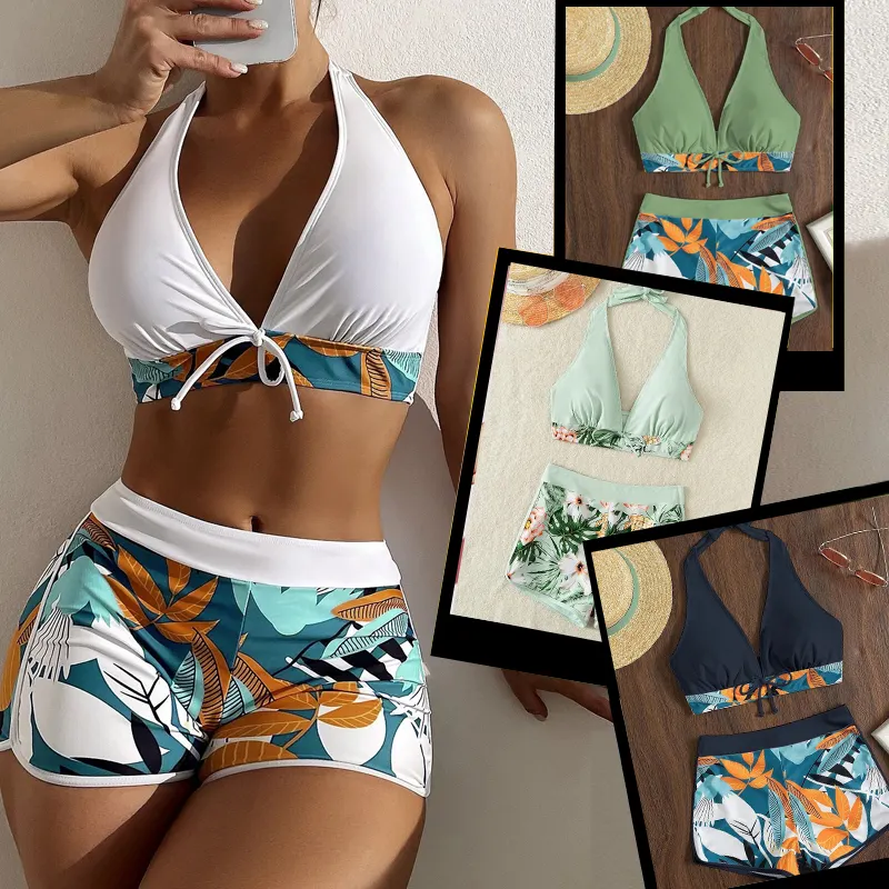 JSN9203971 Wholesale Fitness Swimwear Bikini 2-Piece Set Sports Bra Boxer Shorts Classic Printed Beachwear Women Sexy Swimsuit