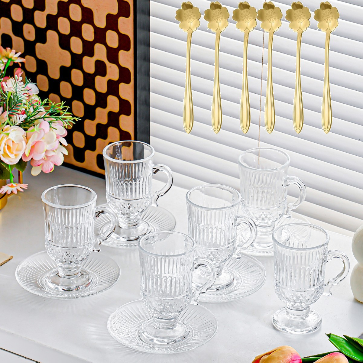 Vaso con tallo - rayado - 6 tazas, platillo y cuchara