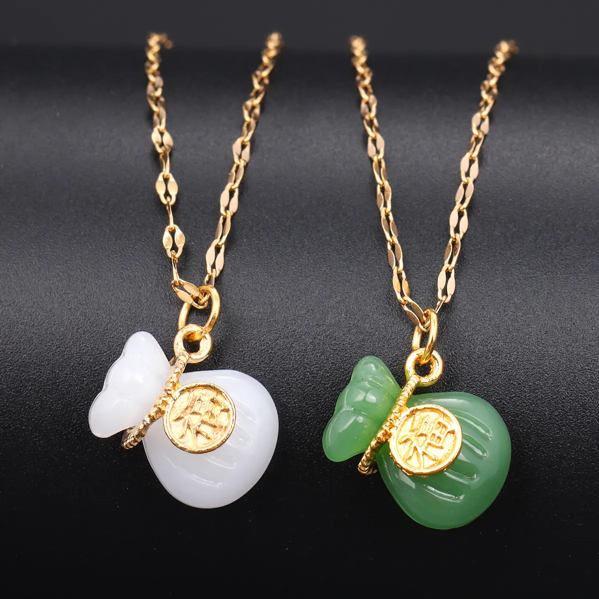 Fashion Hotsale Stainless Steel Chain Jade Necklace Vintage Gold Plated Money Pocket Pendant Necklace Lucky Jewelry