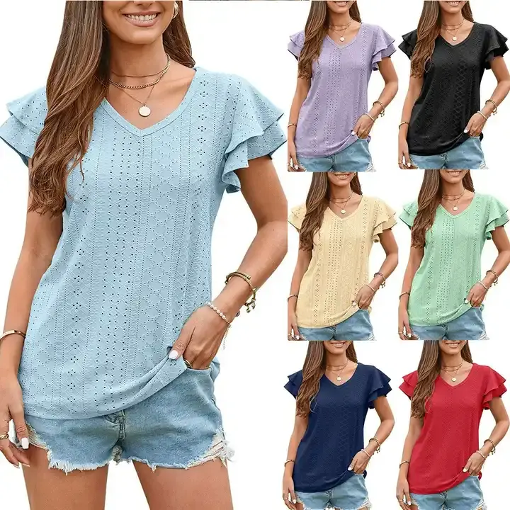 Vente chaude léopard boutonné à volants t-shirt couleur personnalisée t-shirt pour femmes chemisier col en V dames à manches courtes t-shirts