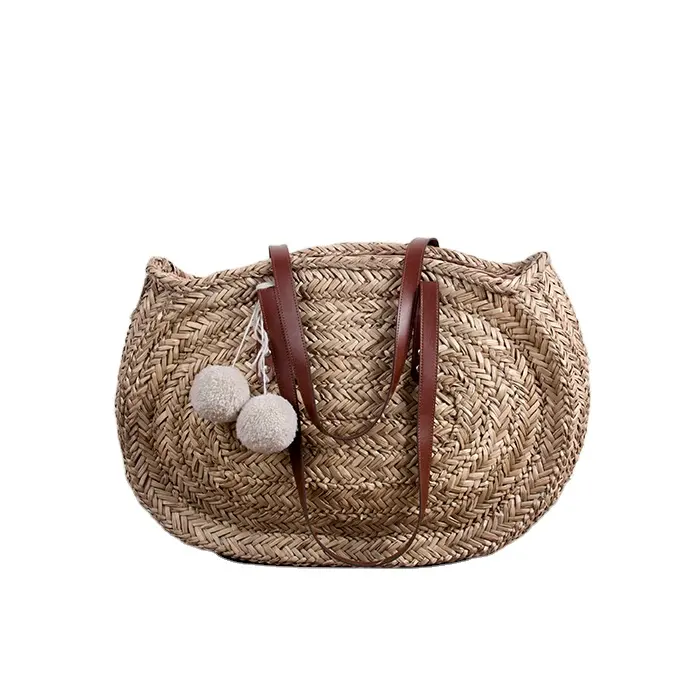 Knitted leather straw gift basket natural seagrass bag