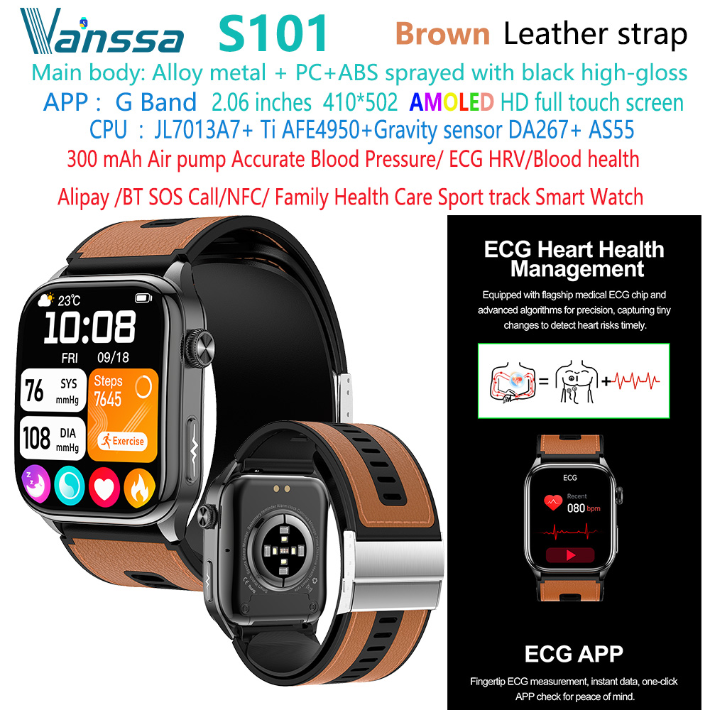 Marrón S101-salud-ECG-Presión arterial-reloj inteligente-