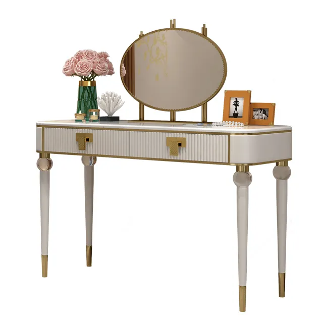 Petit meuble de maison de styliste, coiffeuse de chevet blanche avec miroir