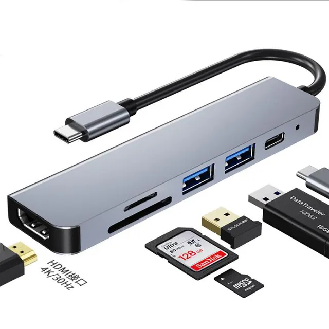 อะแดปเตอร์ฮับ USB-C พร้อมพอร์ตข้อมูล4K USB-C และ USB-C,ช่องเสียบการ์ด SD TF แจ็คหูฟังสำหรับ MacBook Pro iPad ปี USB-A