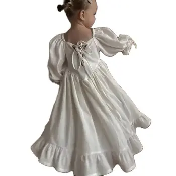 فستان بناتي من القطن والكتان على الطراز الأوروبي وصل حديثًا، فستان بناتي بسيط للأطفال بأكمام طويلة