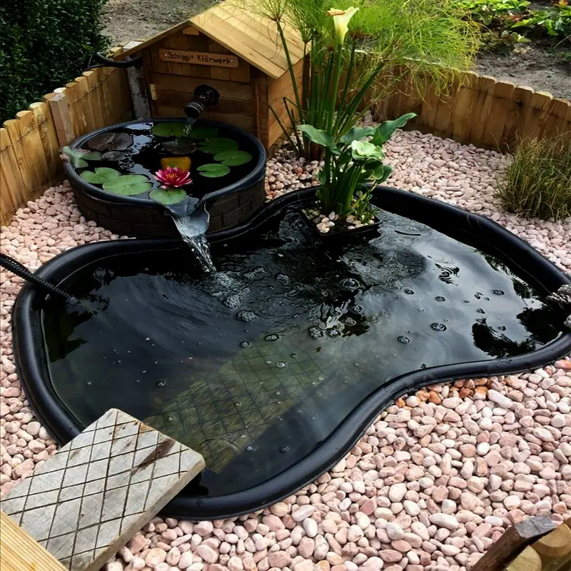 Negro al aire libre jardín patio villa piscina de Peces Accesorios de granja preformada de fibra de vidrio agua koi estanque con filtro de bomba