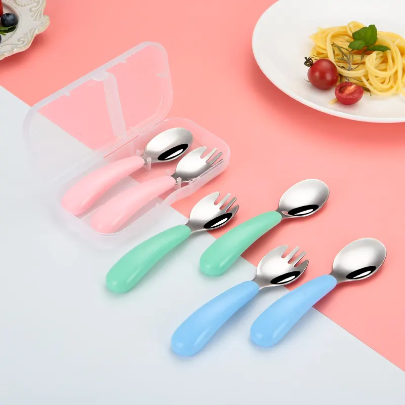 Makan Bayi 304 Stainless Steel Anak-anak Sendok Garpu Anak Sendok Garpu Set dengan Kreatif Kartun Handle 2 Buah Set