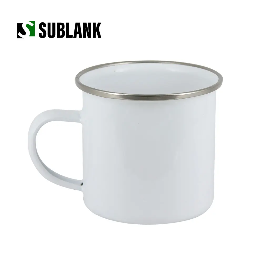 SUBLANK Großhandel beschichtet Weiß Kunden spezifisches Logo Foto Drucken Leere Sublimation Emaille Tasse Für Reisen Camping Kaffeetasse