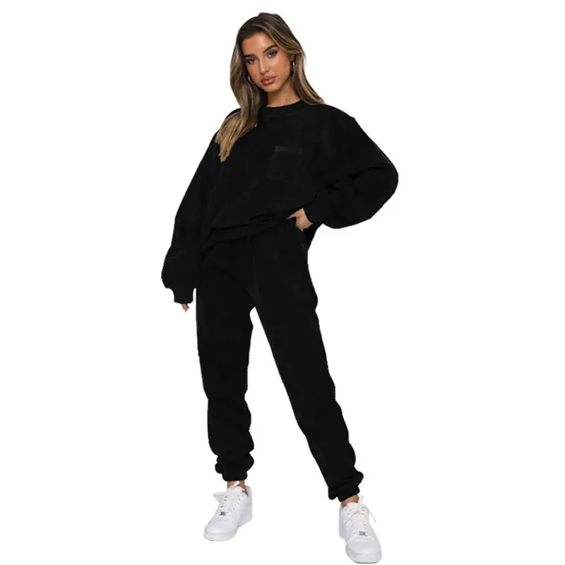 New Design Corduroy Solid Color Round Neck Pullover Long Sleeve Trousers Suit Women 2 Pieces Clothing Sets