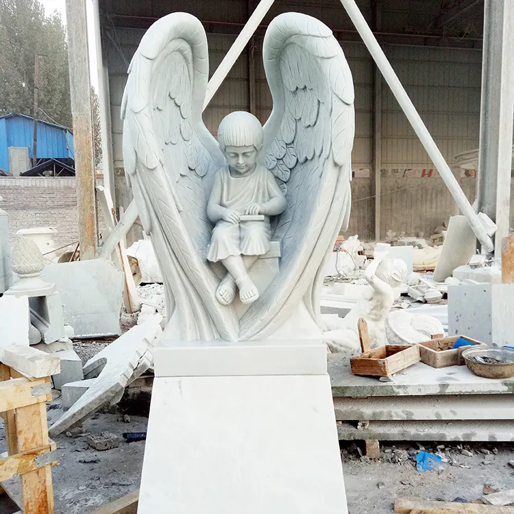 Escultura de ángel tallada a mano, mármol blanco, bebé