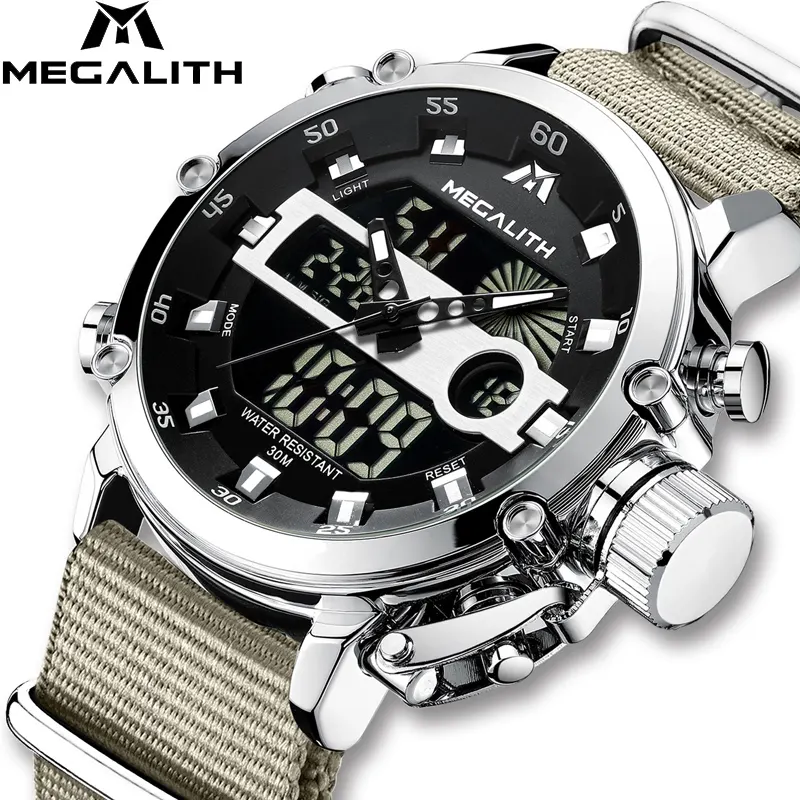 Часы наручные MEGALITH Мужские кварцевые с двойным дисплеем, модные спортивные цифровые СВЕТОДИОДНЫЕ Электронные Водонепроницаемые в стиле милитари