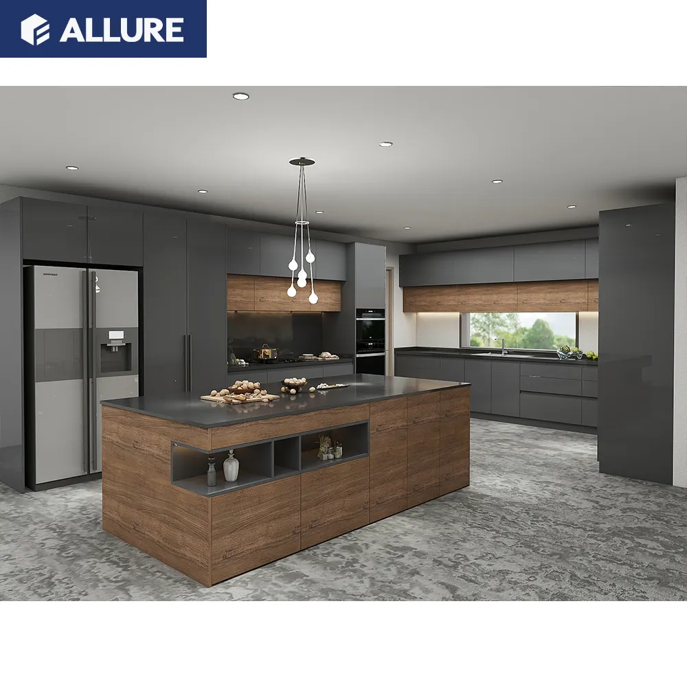 Allure projeto de estilo moderno, design em forma de l, casa, cozinha, base, armário, mdf, desenhos na índia