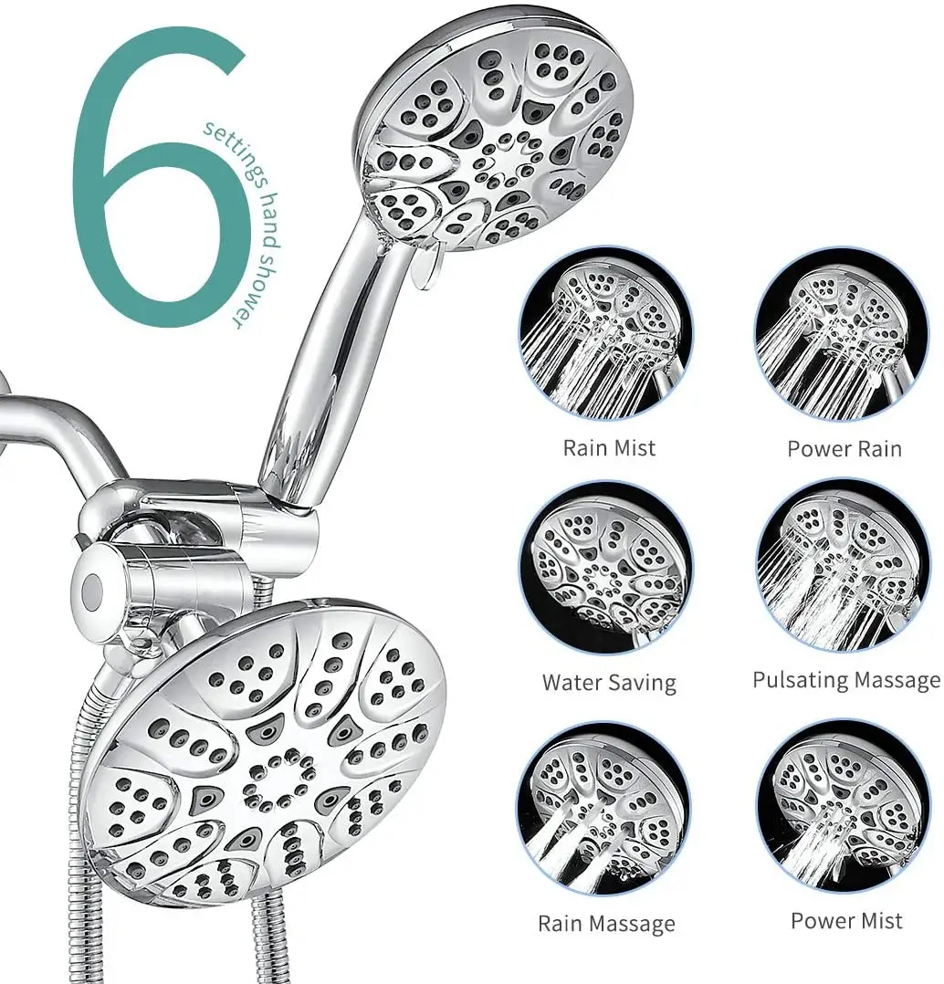Amazn Hot Selling CUPC 6Functions ABS Spa Hand Showerhead and Rain Shower Combo Dual 2 in 1 Shower Head System