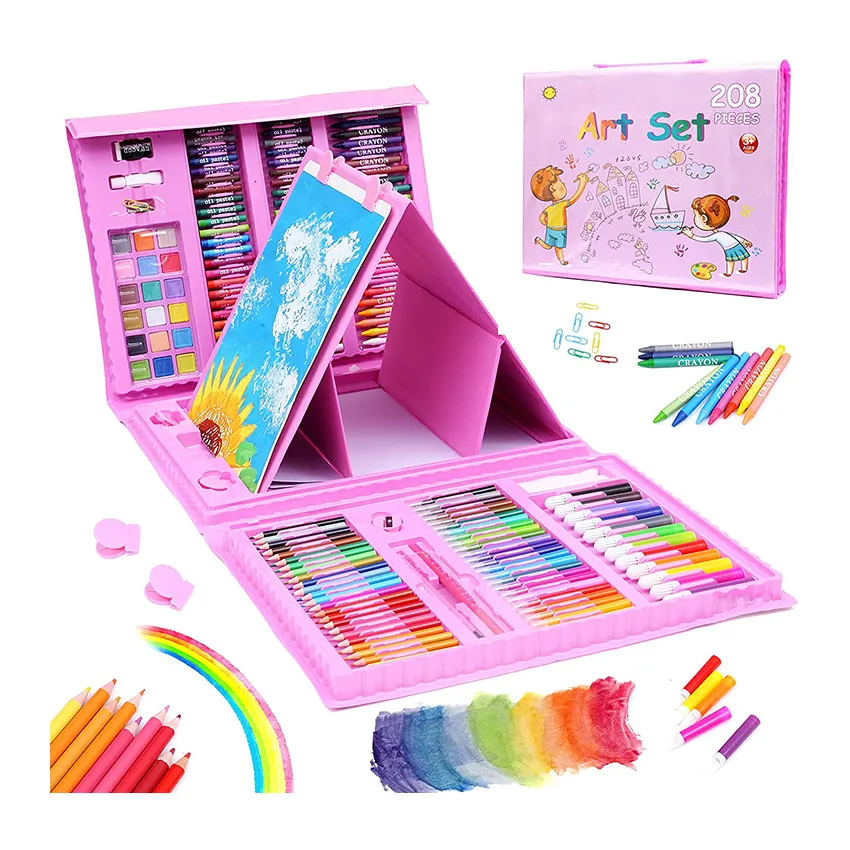 Fabbrica di 208 pezzi pieghevoli tripli Kit di pittura a colori per bambini fai da te disegno colorato Set di arte con cavalletto